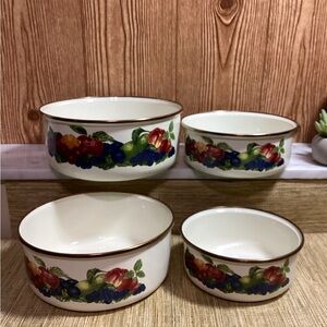 Floral Fruit Design Enamelware Nesting Bowls Set of 4